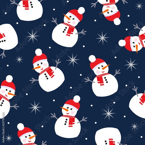 Seamless background with snowman and snowflake. Design for wrapping, fabric, print. Vector illustration.