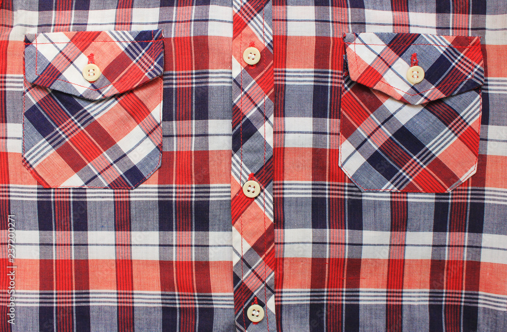 Plaid Lumberjack Shirt of Blue, White & Red Checkered Tartan Pattern. Close Up Front View with Buttons on Stylish Casual Patterned Shirt. Fabric Details of Fashion Trend Plaid T-Shirt Clothing