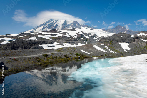 Reflection of Mount Rainier with a lenticular cloud in a melted out tarn