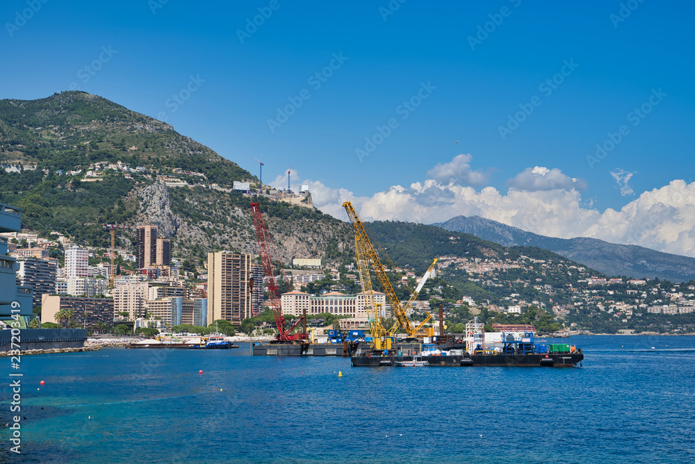NICE, FRANCE - AUGUST 11, 2018: construction of a new neighborhood in Nice district, view of the city from the sea