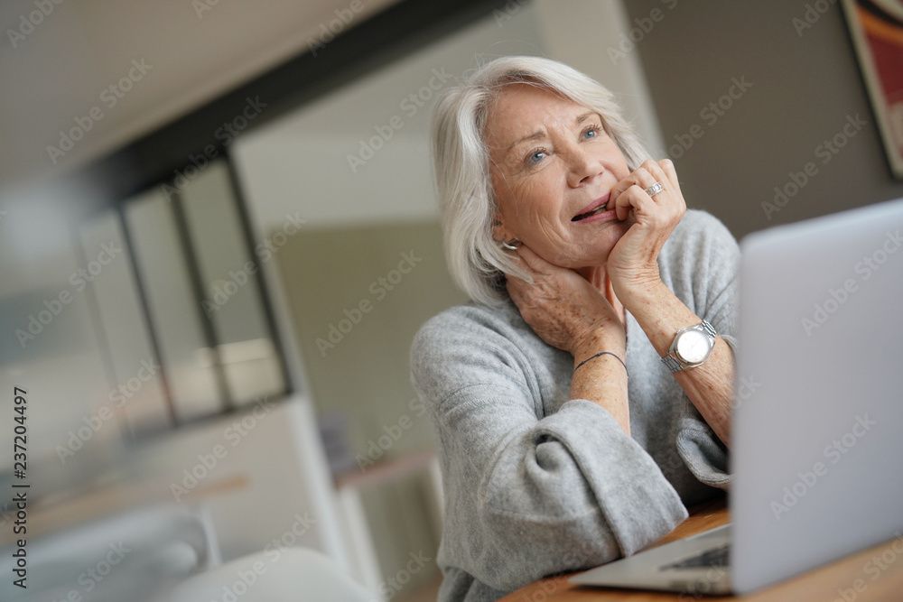Elderly woman at home with computer Elderly woman at home with computer