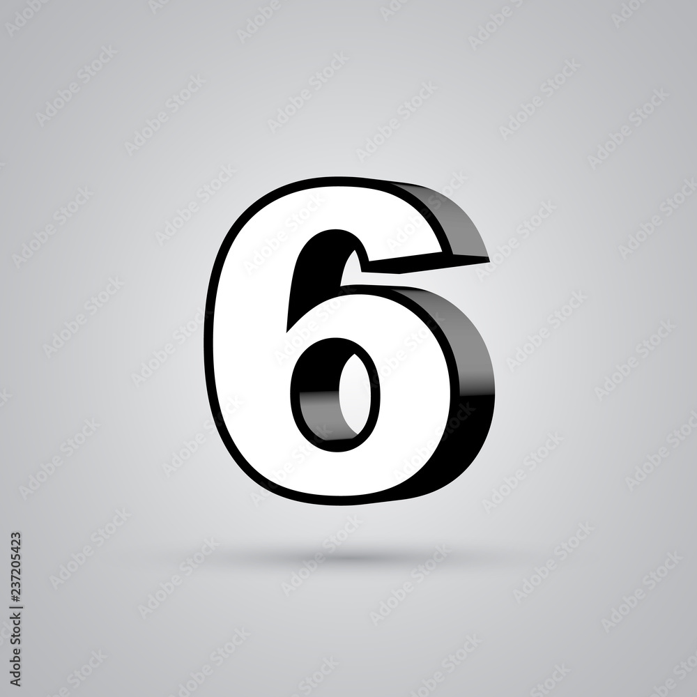 White 3D vector number 6 with black border isolated on white background White 3D vector number 6 with black border isolated on white background