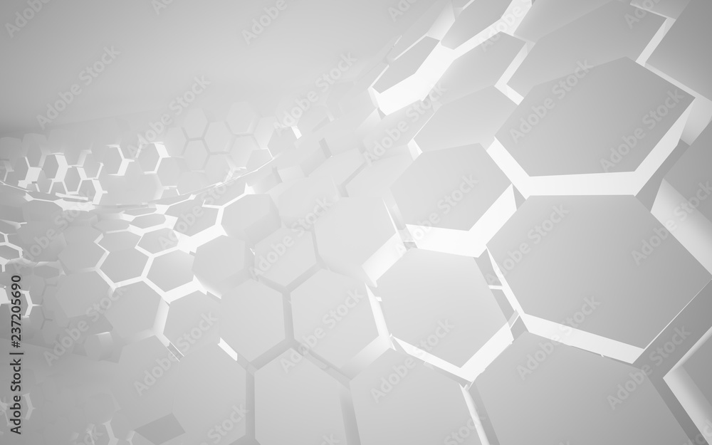 Abstract white interior of the future, with hexagonal honeycombs and neon lighting. 3D illustration and rendering Abstract white interior of the future, with hexagonal honeycombs and neon lighting. 3D illustration and rendering