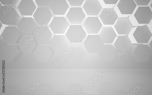 Abstract white interior of the future, with hexagonal honeycombs and neon lighting. 3D illustration and rendering