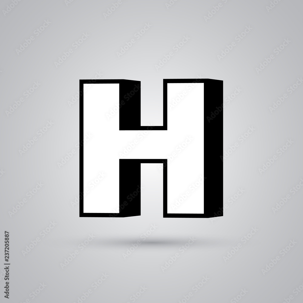 White 3D vector letter H uppercase with black border isolated on white background