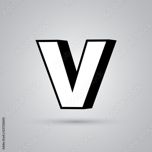 White 3D vector letter V uppercase with black border isolated on white background