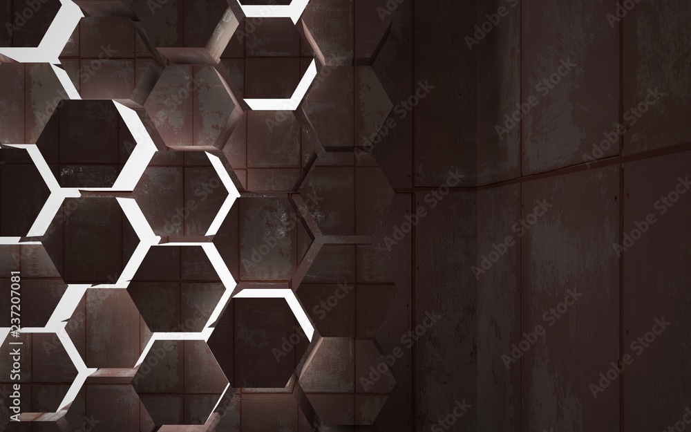 Empty abstract room interior with hexagonal honeycombs of sheets rusted metal and concrete. Architectural background. Night view of the illuminated. 3D illustration and rendering