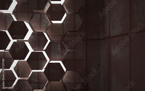 Obraz na płótnie Empty abstract room interior with hexagonal honeycombs of sheets rusted metal and concrete. Architectural background. Night view of the illuminated. 3D illustration and rendering w salonie