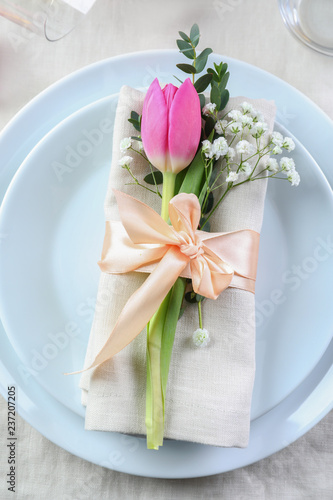 Obraz na plátně Stylish table setting with beautiful flowers