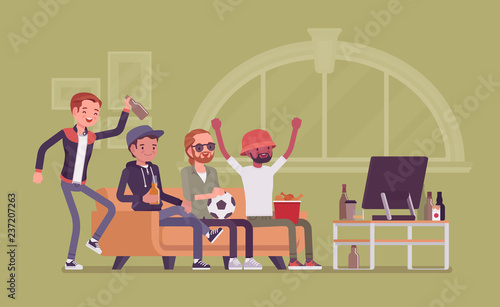 Men gathering at home, assembly or friends meeting