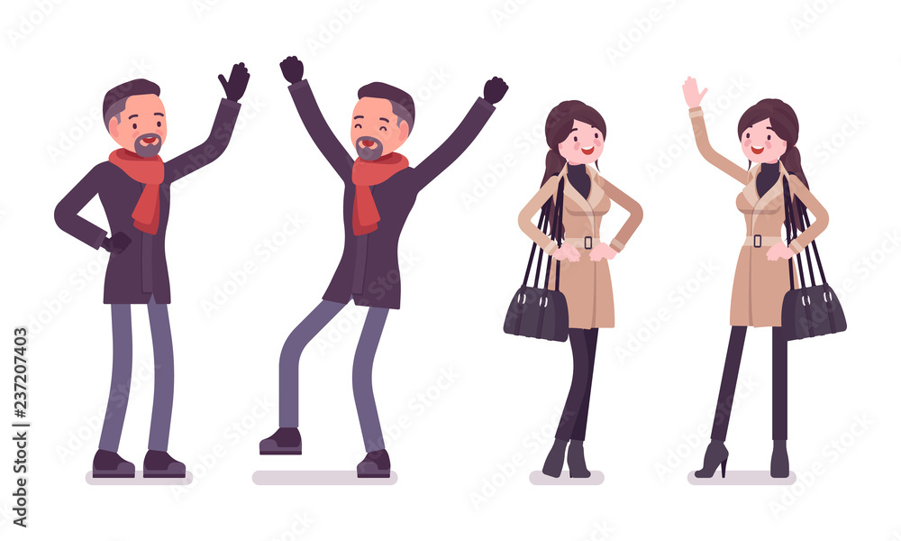 Obraz premium Stylish man and woman in autumn clothes positive emotions