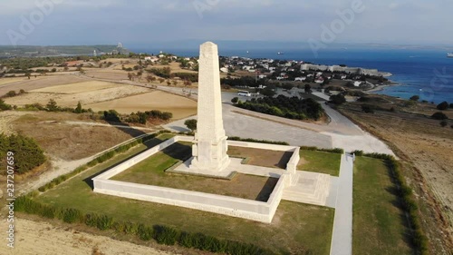 Aerial view of The Helles Memorial is a Commonwealth War Graves Commission war memorial near Sedd el Bahr, in Turkey. photo