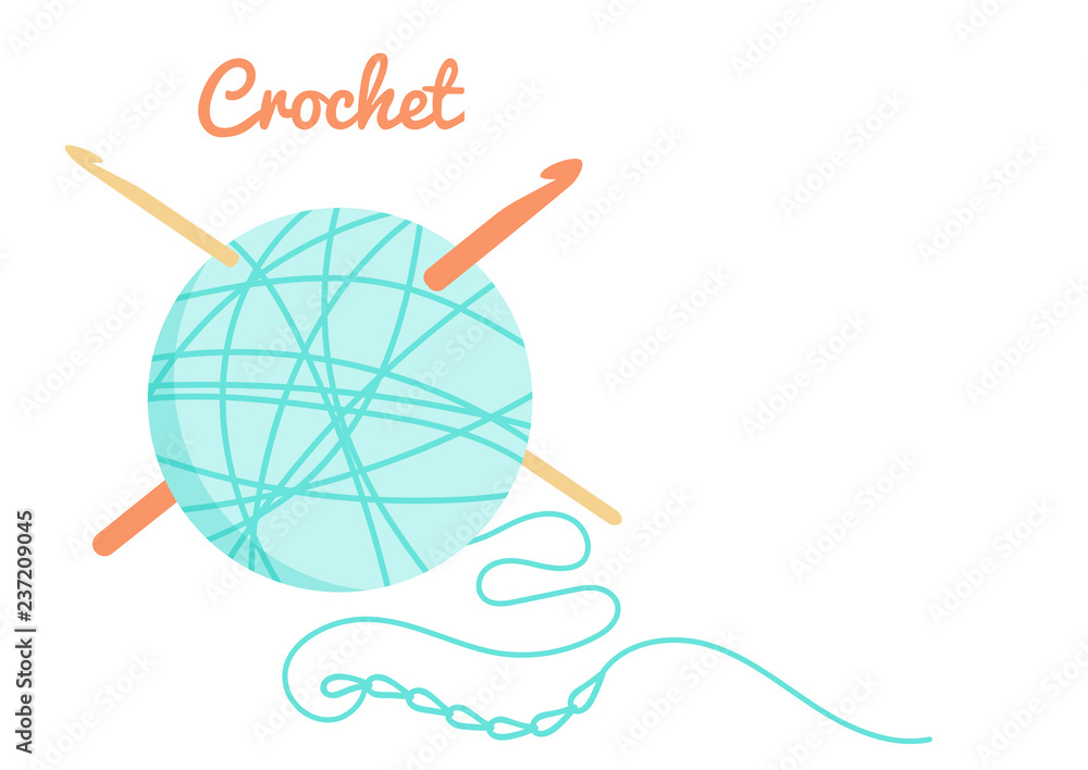 Vector illustration of teal blue yarn ball, crochet chain and crochet hooks in simple style. Needlework pattern, knitting stuff. Isolated on white craft tools for your hobby like knitting and crochet. Vector illustration of teal blue yarn ball, crochet chain and crochet hooks in simple style. Needlework pattern, knitting stuff. Isolated on white craft tools for your hobby like knitting and crochet.