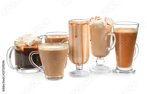 Tablou canvas Different kinds of coffee drinks on white background