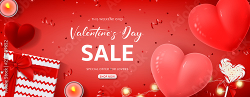 Valentine's Day sale background. Vector illustration with 3d. Top view on composition with red serpentine and confetti, air balloons, garlands, gift box and lollipop. Promo seasonal offer.