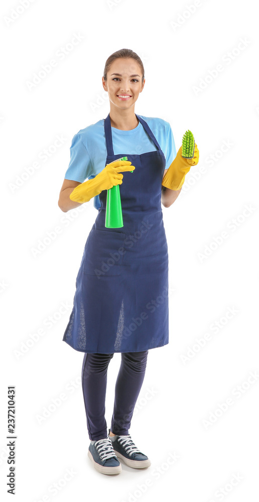 Woman with brush and detergent for cleaning on white background Woman with brush and detergent for cleaning on white background