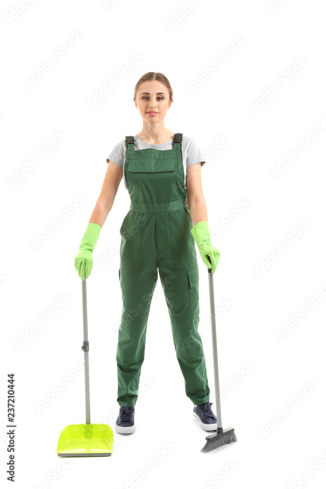 Woman with dust pan and floor brush on white background Woman with dust pan and floor brush on white background