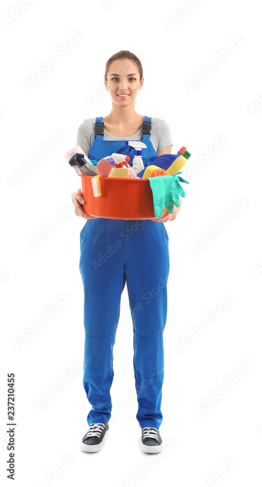 Woman with cleaning supplies on white background