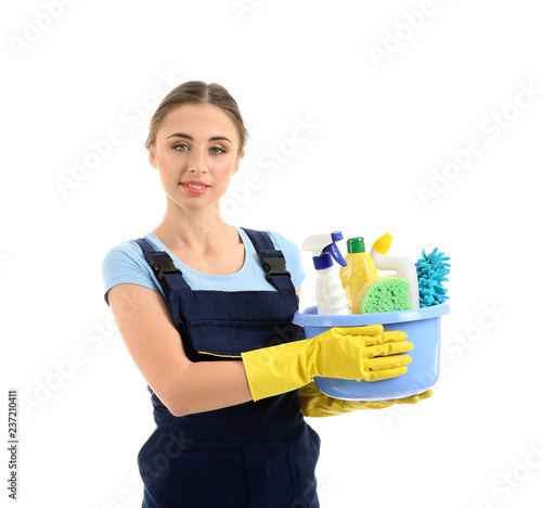 Woman with cleaning supplie...