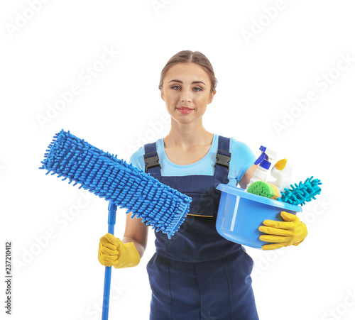 Woman with cleaning supplie...