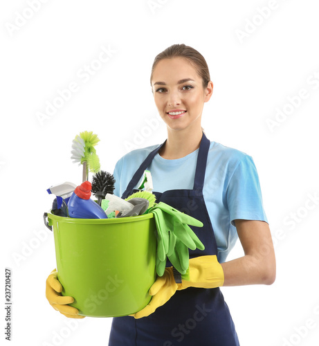 Woman with cleaning supplie...