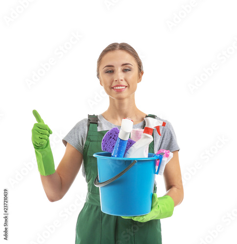 Woman with cleaning supplie...