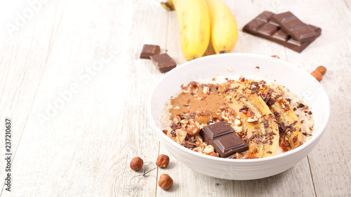 porridge with banana, nuts and chocolate