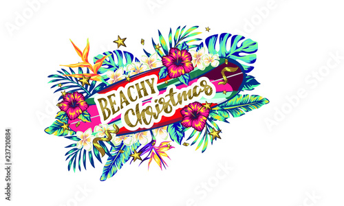 merry christmas and a happy new year in a warm climate design tropical Christmas, Holiday greeting card with, Christmas decoration in tropical style, Christmas style sandals on the beach