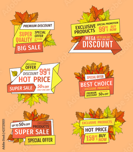 Autumn half price advertising emblems, foliage