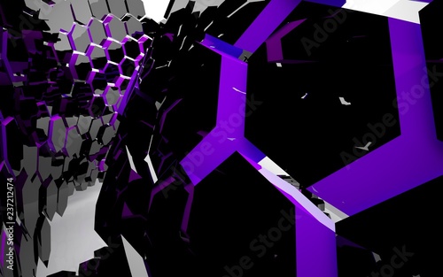 Abstract interior with glossy black and violet hexagonal honeycombs. 3D illustration and 3D rendering