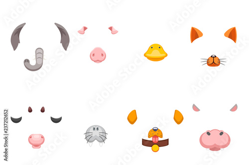 Cartoon selfie application photo items animal masks face decoration ears nose details vector illustration