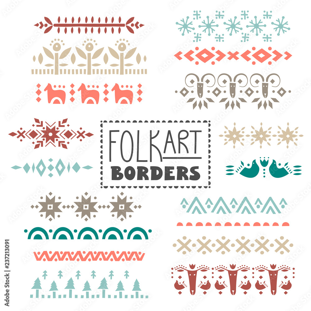 Vector collection of dividers, borders decorated with scandinavian folk patterns. - obrazy, fototapety, plakaty 