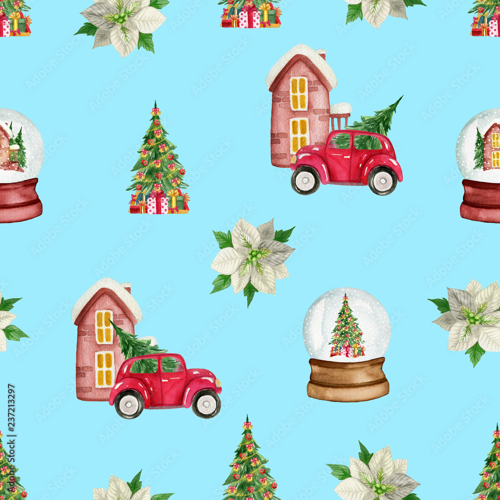 Seamless pattern with red car, Christmas tree and snow globe. Watercolor hand drawn Seamless pattern with red car, Christmas tree and snow globe. Watercolor hand drawn