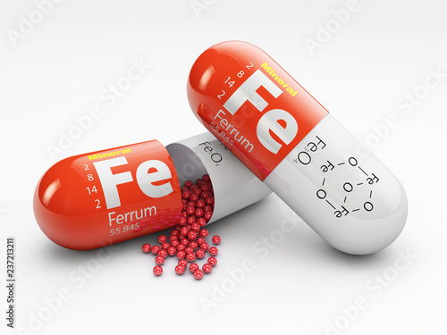 Pill with iron FE element. Dietary supplements. 3d illustration photo