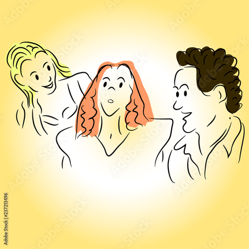 Laughing Friends, Office Colleagues. A man and two women are talking and joking. Friendship Concept. Business Situations. Hand drawn Flat Cartoon Illustration
