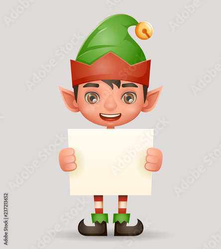 Christmas poster advert broadsheet elf boy santa claus helper new year holiday 3d cartoon design vector illustration