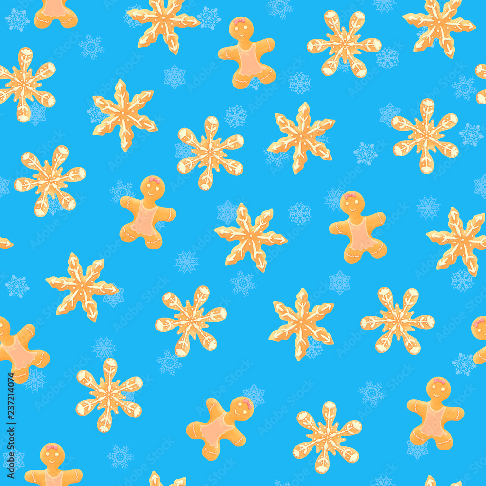 Seamless pattern with 3D realistic xmas sweet brown gingerbread cookies shaped like man and snowflakes at bright blue background. Seamless pattern with 3D realistic xmas sweet brown gingerbread cookies shaped like man and snowflakes at bright blue background.