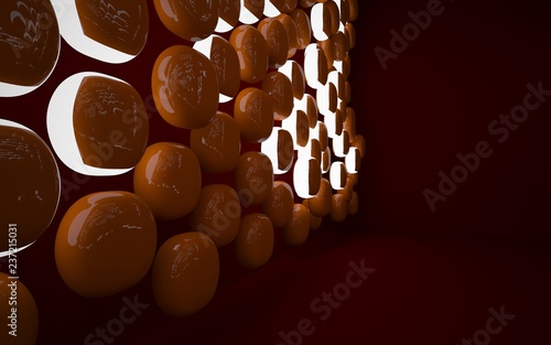 Abstract interior of the future in a minimalist style with orange sculpture. Night view from the backligh. Architectural background. 3D illustration and rendering photo