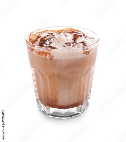 Glass of tasty cold coffee on white background
