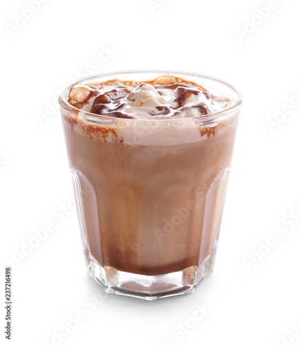 Glass of tasty cold coffee on white background