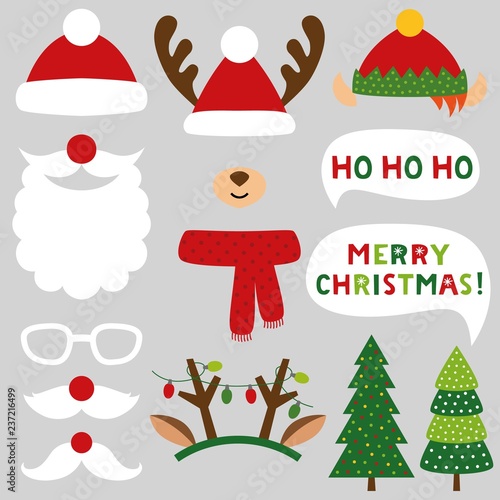 Santa Claus, deer and elf Christmas photo booth props (hats, beard, mustaches, antlers)