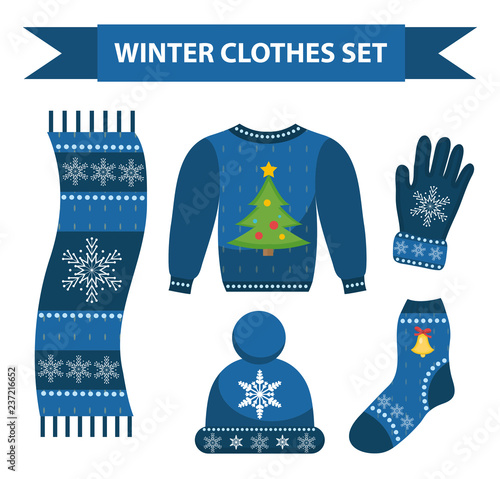 Winter warm clothes icon set, flat style. Christmas clothing,apparel collection with patterns. Hat, scarf, gloves, sweater. Isolated on white background. Vector illustration