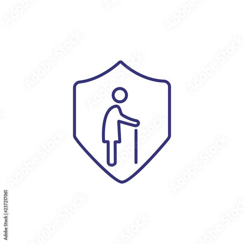 Pension insurance line icon. Old man inside shield on white background. Insurance concept. Vector illustration can be used for topics like lifestyle, pension, insurance, social benefits