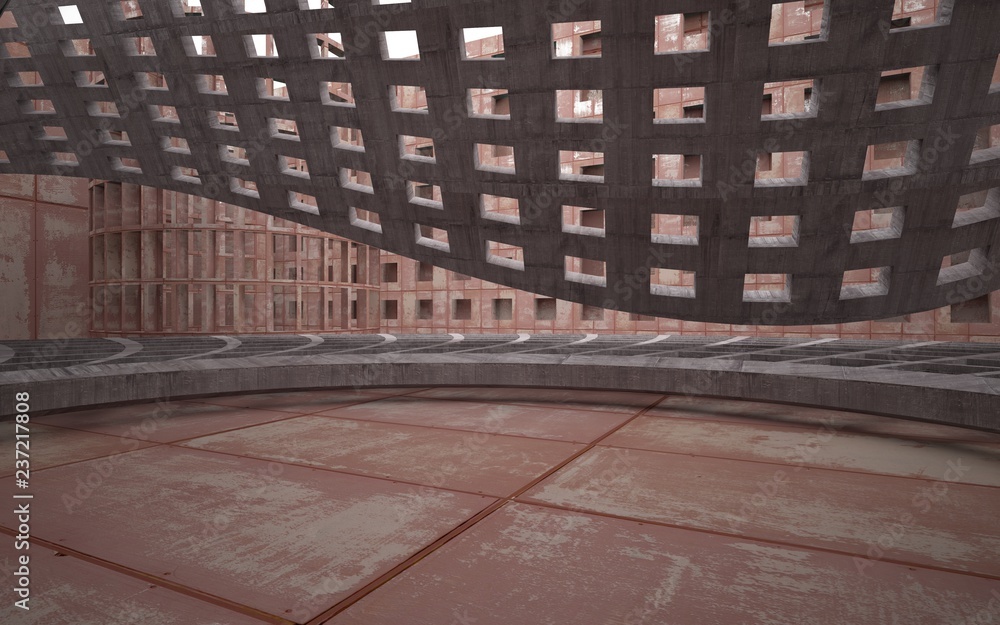 Fototapeta premium Empty abstract room interior of sheets rusted metal and brown concrete. Architectural background. 3D illustration and rendering