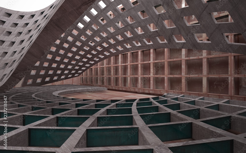 Obraz premium Empty abstract room interior of sheets rusted metal and brown concrete. Architectural background. 3D illustration and rendering