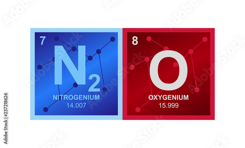 Vector symbol of N2O Nitrous oxide or laughing gas molecule on the background from connected molecules