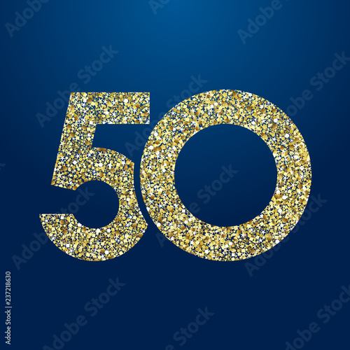 50 th years old logotype. Isolated golden color abstract dot graphic symbol of 50%. Shiny straight elegant cut label design template. Round shape digits, up to -50 % percent off sign. Discount emblem.