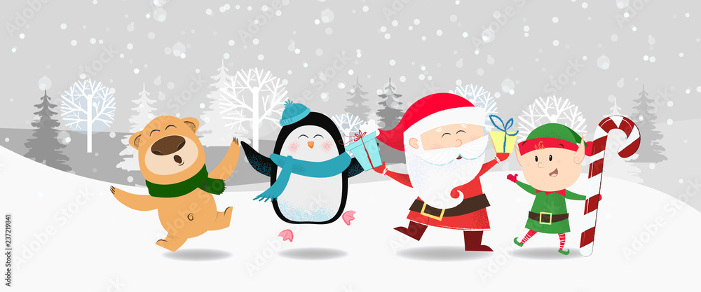 Fototapeta premium Cartoon company poster winter design. Illustration with dancing Santa Claus, penguin, elf and cute beer on background with winter forest. Can be used for postcards, invitations, greeting cards
