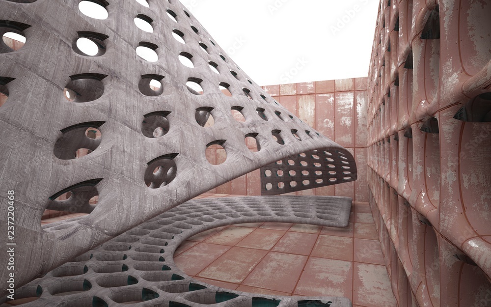 Obraz premium Empty smooth abstract room interior of sheets rusted metal and concrete. Architectural background. 3D illustration and rendering