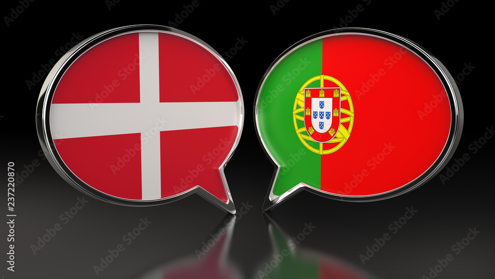 Denmark and Portugal flags with Speech Bubbles. 3D illustration Denmark and Portugal flags with Speech Bubbles. 3D illustration